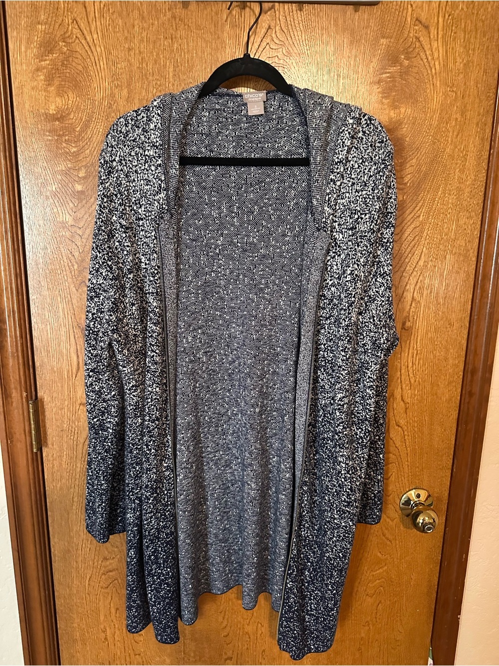 Chico's Black and White Hooded Marled Open-Front Zip Cardigan Size 3 (16-XL)